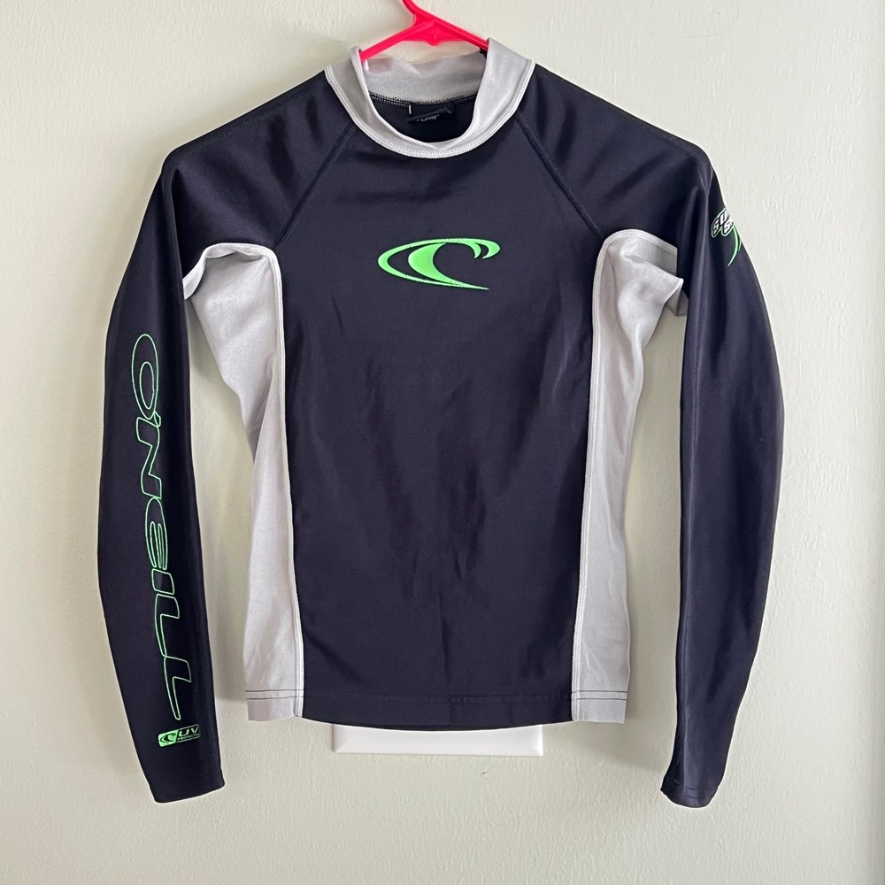 O'Neill Rash Guard Boys Long Sleeve Super Skins UV Protection Black Green Surf